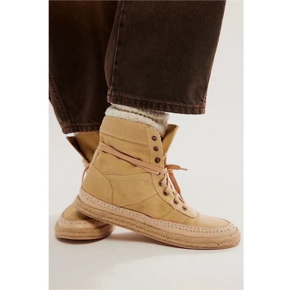 Free People NEW Menorca‎ Lace Up Boots Size 6 Tan Canvas Espadrille Comfort